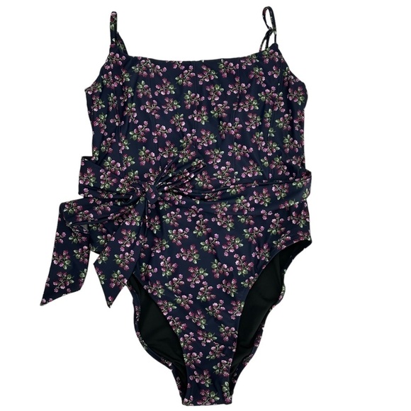 J. Crew Topstitched Tie-Waist One-Piece in Twilight Berry Navy Floral Size 12 - Picture 4 of 8